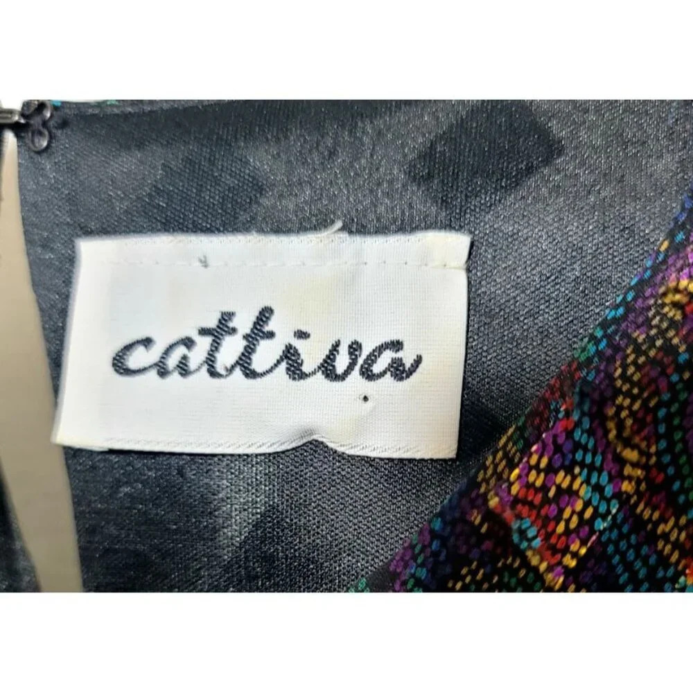 Vtg Cattiva Dress Sz M Midi Geometric Bow Layered Ruffle Chiffon Metallic Retro - Picture 3 of 12